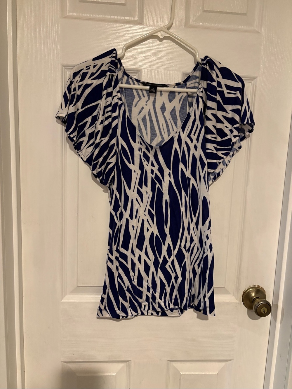 Banana Republic Navy & White Abstract Flutter-Sleeve Top